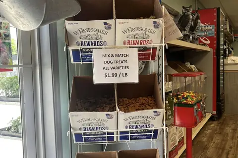 Rack of dog treats sold by the pound