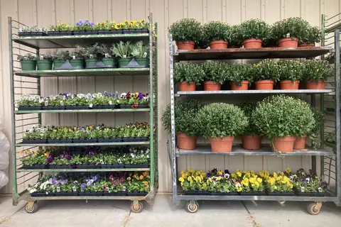 Racks of potted mums and pansies